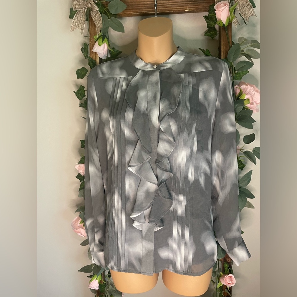 Calvin Klein Gray Ruffle Front Long Sleeve - lightweight polyester NWOT